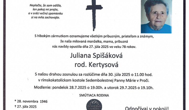 Fotka - Pohreb Juliana Spišáková rod. Kertysová