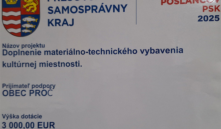 Fotka - Výzva poslancov PSK 2025 Doplnenie materiálno-technického vybavenia kultúrnej miestnosti